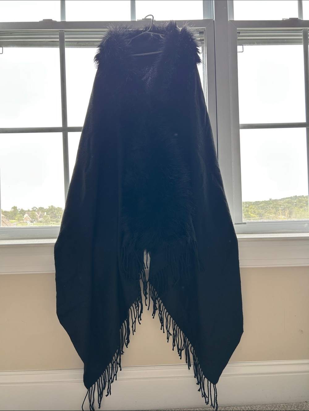 NWT Black Fringe Faux Fur-Trim Shawl Wrap